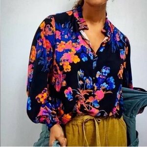 Anthropologie Vibrant Floral Blouse - Black and Multicolor
